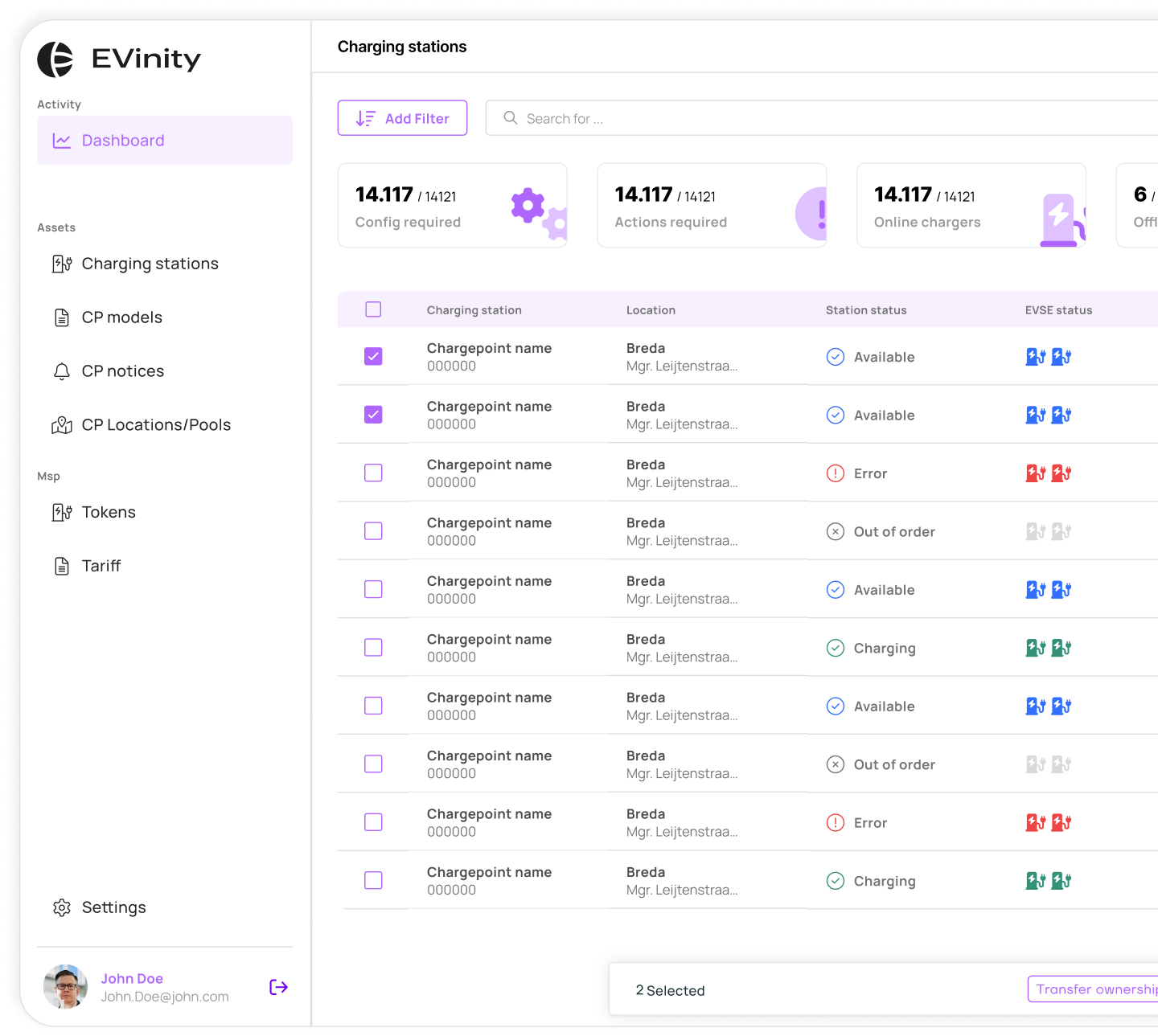 EVinity Dashboard Interface showing charging station management